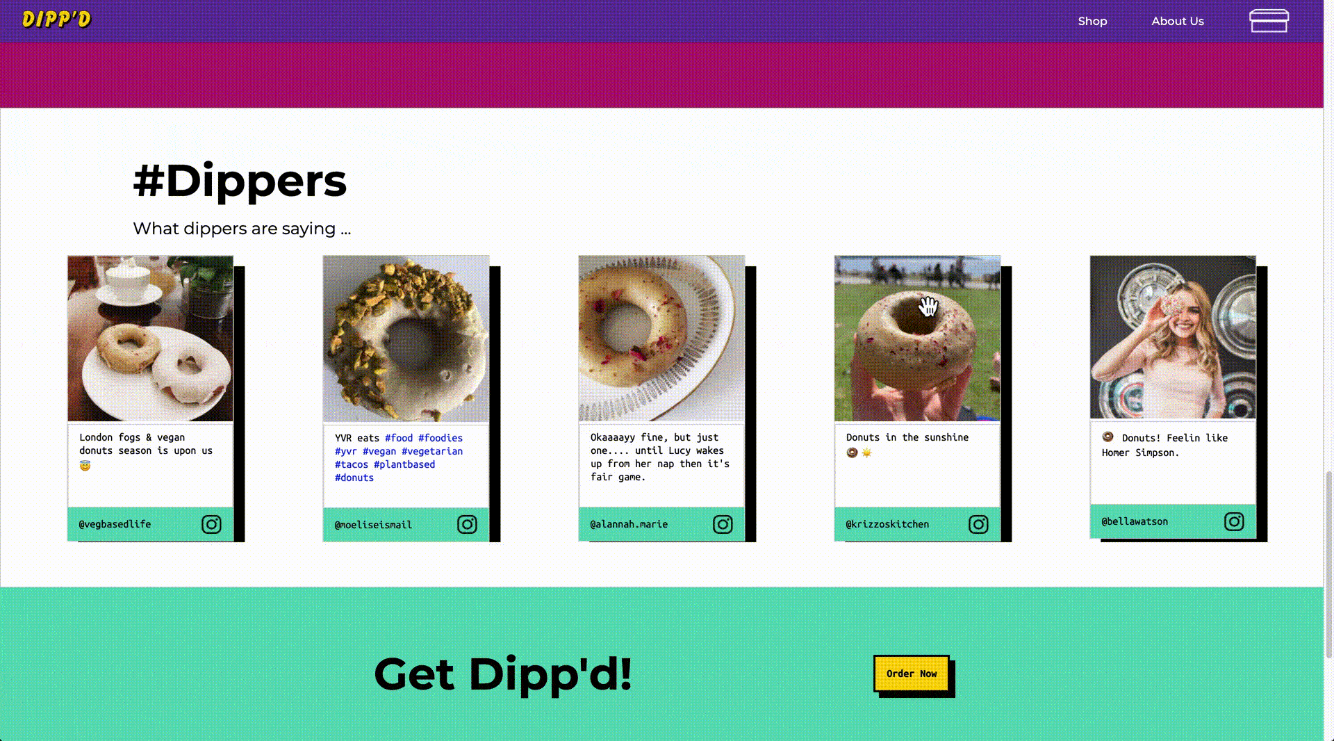 Gif of social media post carousel on Dipp'd home page