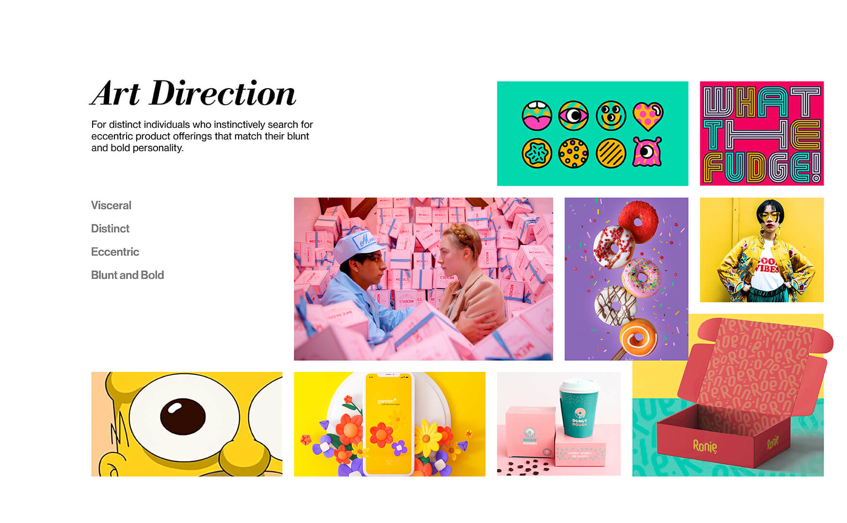 a moodboard visually communicating the art direction for the Dipp'd website