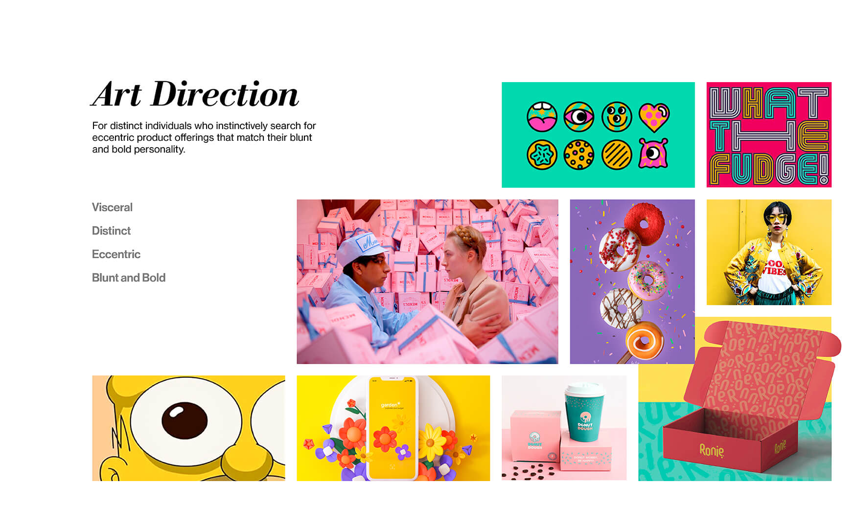a moodboard visually communicating the art direction for the Dipp'd website